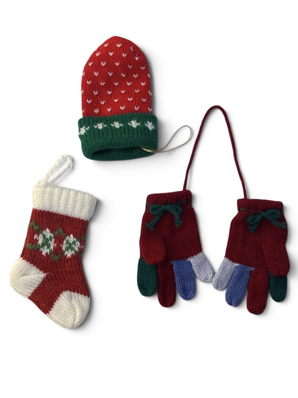 Vtg DEPT 56 Mini Knit Christmas Ornaments Red & Green Glove Mittens 2 Hats 3 Pc